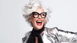 a stylish senior woman with silver hair and fashionable glasses, 