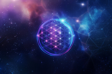 Wall Mural - Bright Flower of Life with stars on dark blue background, a spiritual symbol and Sacred Geometry since ancient times.


