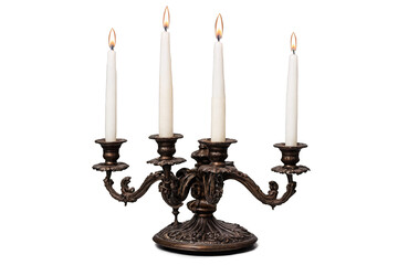 An antique candlestick with three lit white candles against a white background in a png format