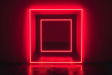 Wall Mural - Red neon illumination square frame shape dark stylish interior design advertising wallpaper poster pattern simple background shape with empty copy space for your text here


