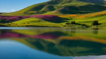 nice lake and grass and at some place red grass and yellow grass and its reflection is on the near lake