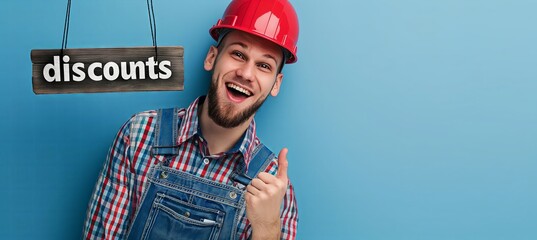 Poster of a joyful man in overalls and a construction helmet with the word 