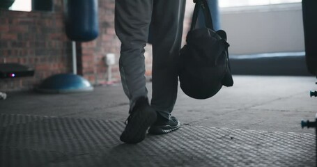 Sticker - Legs, fitness and walking to gym with bag to start exercise, workout and muscle for wellness. Sport, shoes and person at health club with gear for training athlete ready for practice in back view