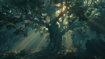 Wall Mural - Dark dense forest the sun's rays pass through the trees, shadows. Big old tree in the center. Beautiful forest fantasy landscape. unreal world. Mysterious forest. 3D