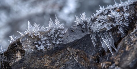 The jagged edges of a rock covered in a layer of sharp spiky rime ice formations.