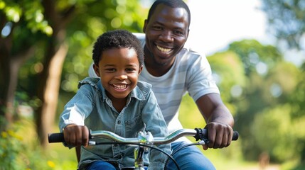 Wall Mural - The picture of the father and son is learning to riding the bicycle together under sunlight surrounded with nature, riding bicycle require skill like balance, safety awareness and persistence. AIG43.