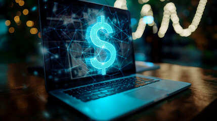 Poster - dollar sign augmented reality hologram over a laptop on the table, digital money economy, online business transactions concept 