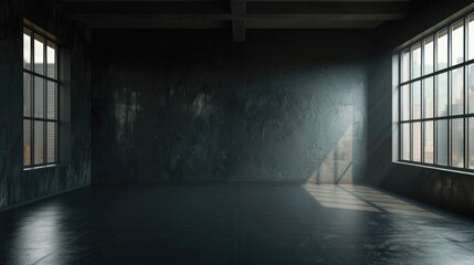 Wall Mural - Dark room with windows on the sides, large dark wall, dark floor, low light, ultra realistic, cinematic