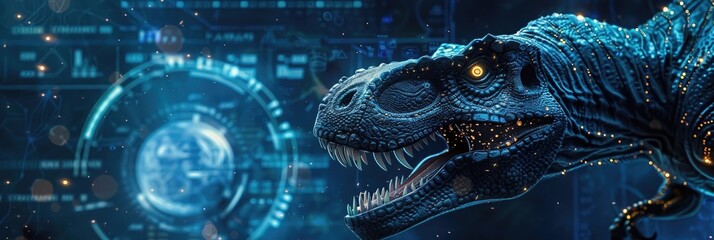 Dinosaur in a blue futuristic background with hologram and technological elements, close-up