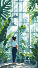 Wall Mural - Serene Greenhouse Workspace with Lush Foliage and Natural Lighting