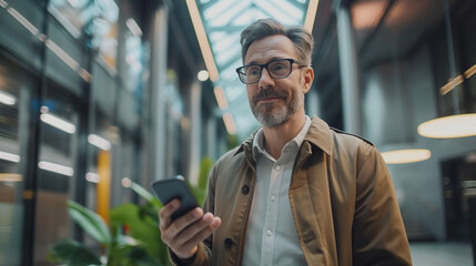 Poster - portrait of a businessman using smartphone in modern office 