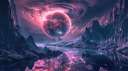 Futuristic fantasy landscape, sci-fi landscape with planet, neon light, cold planet. Metaverse. Galaxy, unknown planet. Dark natural scene with light reflection in water. Neon space galaxy portal