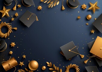 Wall Mural - Elegant Graduation Celebration Background with Gold and Black Decorations Including Hats, Stars, Diplomas, and Laurels on Dark Blue Surface