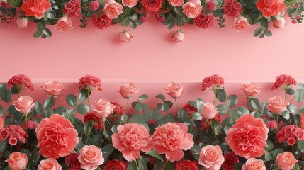 Sticker - Stunning Floral Wall Backdrop with Lush Pink and Red Roses Against a Soft Peachy Background Creating a Perfect Springtime Vibe