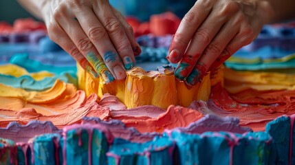 Detailed, close-up, hands working on a plasticine castle, meticulously forming a moat, with vibrant hues and textures