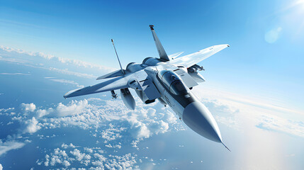 Sleek jet fighter soaring through a clear blue sky

