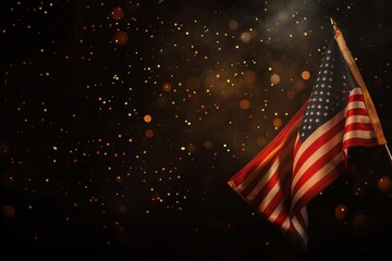 American flag with fireworks on dark background, USA national holiday concept, isolated with copy space. American waving flag on festive night. independence day