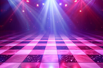 Wall Mural - Party dance and dancing floor made of checkered tiles and shining spot lights with sparkles and luminous reflections as a fun disco music related entertainment background for an announcement or festiv