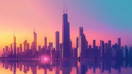Wall Mural -  - Towering skyscrapers and gradient sky at dusk., UHD 4K image with sharp focus.