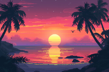 Wall Mural - Tropical sunset pixel style. Landscape background. Vector illustration


