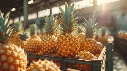 Close-up of juicy pineapples in open crates, with sunlight streaming through a warehouse window