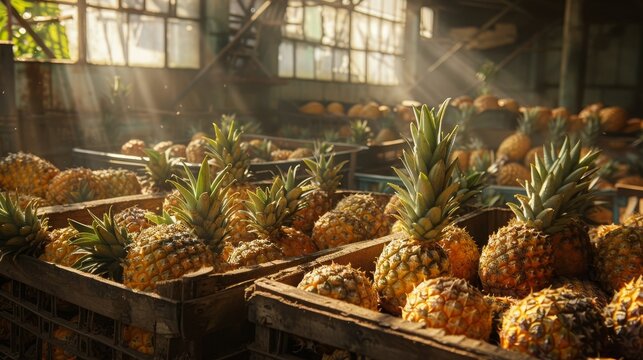 Close-up of juicy pineapples in open crates, with sunlight streaming through a warehouse window
