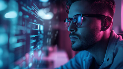 Poster - data analyst working with virtual AI assistant, futuristic digital software technology, modern digital tech 