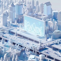 create a 3d-style smart city scene blue and white scheme, there is a big screen in the middle of the