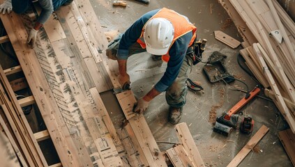 Worker laying wooden flooring in new house under construction with tools and equipment