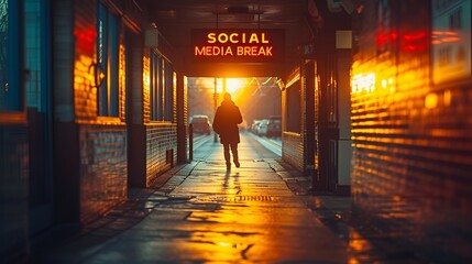 Wall Mural - “SOCIAL MEDIA BREAK” sign - Person walking away - walking out the door - silhouette - leaving - moving on - had enough 