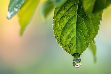 Wall Mural - A water drop about to drip from the edge of a leaf after a summer rain