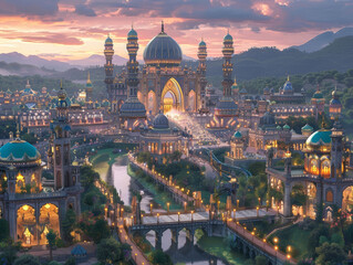 Poster - a bustling city during twilight, with intricate and ornate architecture, The buildings feature domed rooftops, spires, and arches, creating a unique and captivating skyline