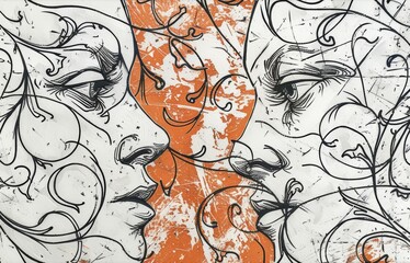 Wall Mural - A doodle incorporating two faces with a grunge texture, abstract portrait art