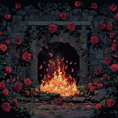 Sticker - a garden of burning roses and ashes in the style of the dark dungeon