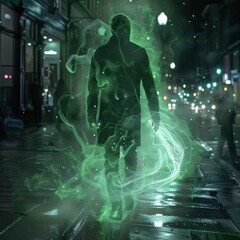 Sticker - A man with superpowers walks down the street at night, his body radiating a mysterious and powerful green energy,