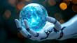 © John - Cybernetic robot hand holding a blue white glowing digital sphere representing the modern data network, advanced artificial intelligence technology
