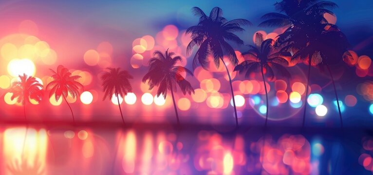 night city lights and palm trees silhouettes on background, abstract background with blurred neon li