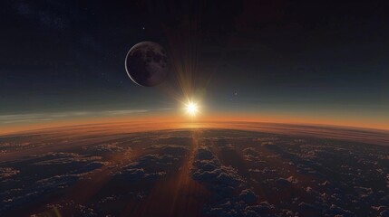 Wall Mural - An eclipse casts a long shadow on the sunrise Earth, set against the vast backdrop of deep space. The scene is bathed in serene colors, creating a peaceful and awe-inspiring dawn.