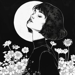 Wall Mural - black and white illustration of a young woman