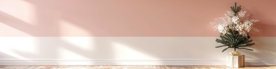 Poster - Minimalist Christmas Decor in a Modern Home: Small Tree by Pastel Pink Stripes, Sustainable and Ethical Theme