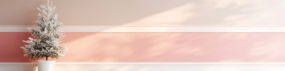 Poster - Holiday Minimalism: Eco-Friendly Christmas Tree in Pastel Pink Interior with Sustainable Decor