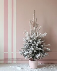 Poster - Festive Minimalist Christmas Tree in Pastel Pink Room, Sustainable Holiday Decoration, Daytime