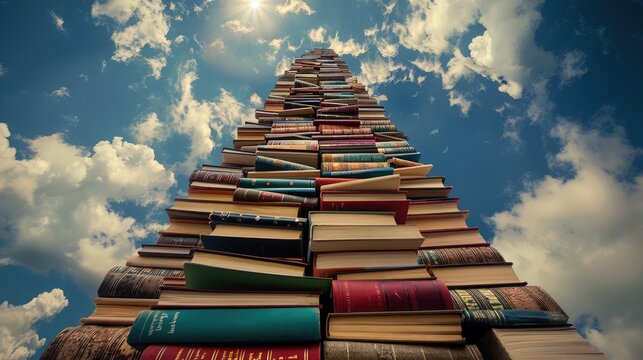 towering stack of books reaching towards the sky, symbolizing the pursuit of knowledge and education