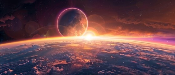 An eclipse casts a long shadow on the sunrise Earth, set against the vast backdrop of deep space. The scene is bathed in serene colors, creating a peaceful and awe-inspiring dawn.
