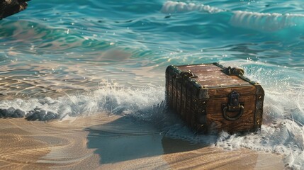 Wall Mural - A pirate treasure chest washed ashore on a secluded beach, with waves gently lapping at its base