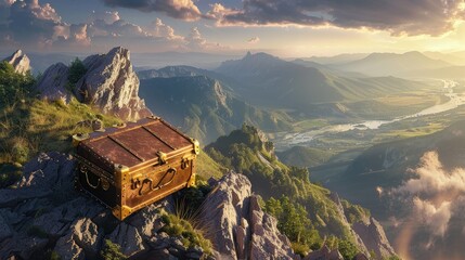 A treasure chest placed atop a mountain peak, gleaming in the sunlight with an expansive view of the valley below