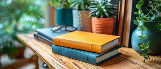 Poster - Colorful Hardcover Books and Reading Glasses on a Wooden Table Amidst Indoor Plants, Cozy Home Study Setting