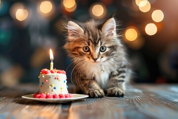 Wall Mural - Kitten with a birthday cake