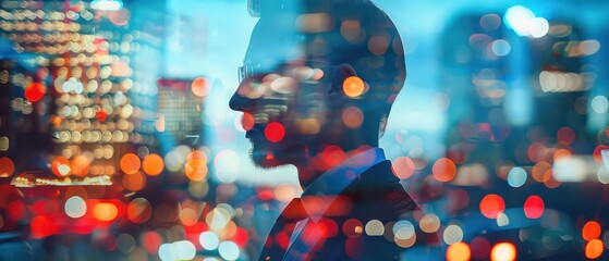 Wall Mural - reflection of a man and a cityscape at night with double exposure with nice depth and beautiful panorama