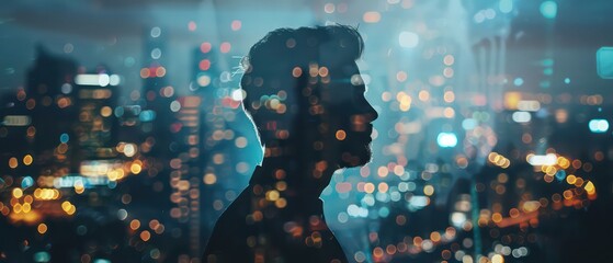 Wall Mural - reflection of a man and a cityscape at night with double exposure with nice depth and beautiful panorama